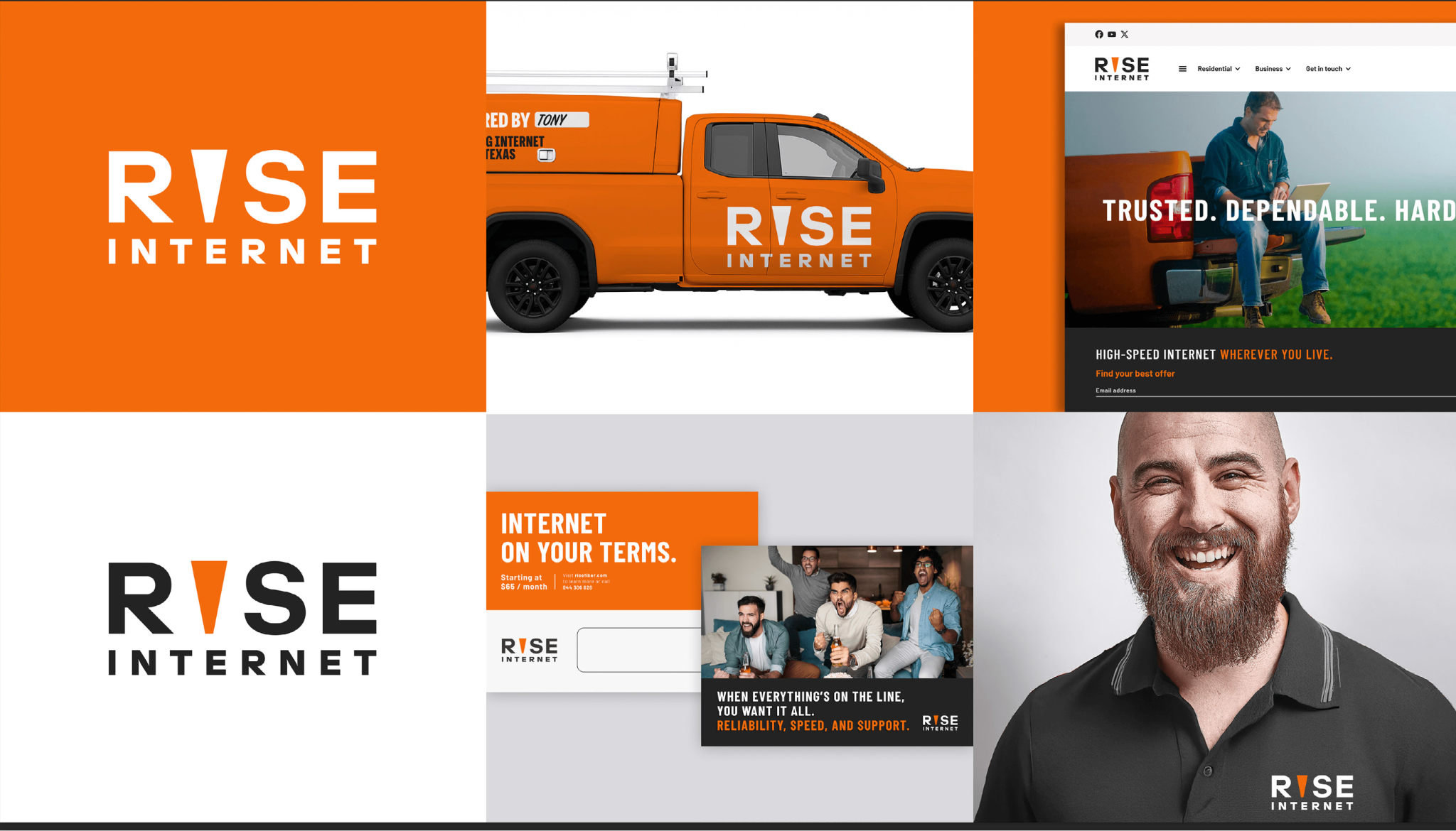 Rise Internet brand application — fleet, web, OOH, lifestyle